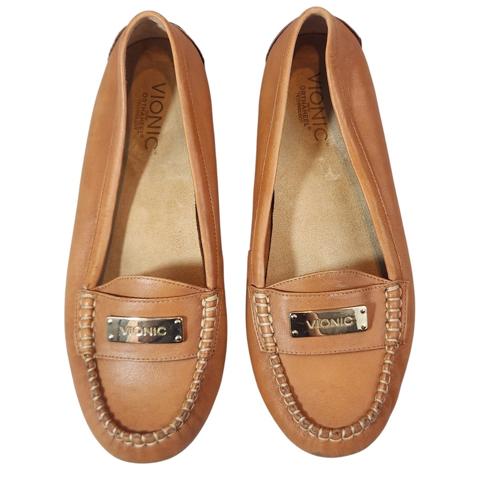 Vionic Sydney Loafers Womens 8 Tan Leather Orthaheel Driving Mocs 456SYDNEY